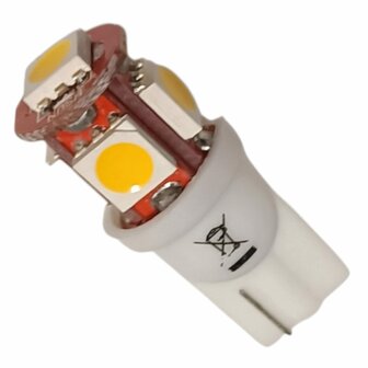 T10 led W5W wit of warm wit lampje met 5 ledjes 6 volt DC 80 lum.