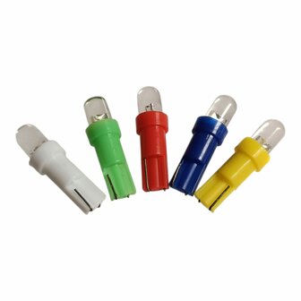 T5 led lampje 1.2 watt 6 em 12 volt gelijkstroom (DC) in diverse kleuren. (T5.02.OO.50)